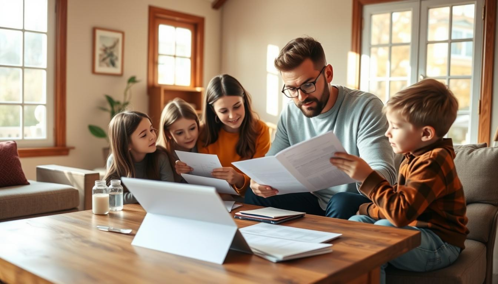 A cozy living room with natural lighting streaming through large windows. A family of four - a mother, father, daughter, and son - sitting around a wooden table, reviewing financial documents and discussing their budget. The parents appear engaged and attentive, while the children listen intently, reflecting the family's collaborative approach to managing their finances. Warm, earthy tones create a welcoming atmosphere, and the overall scene conveys a sense of unity and financial responsibility.