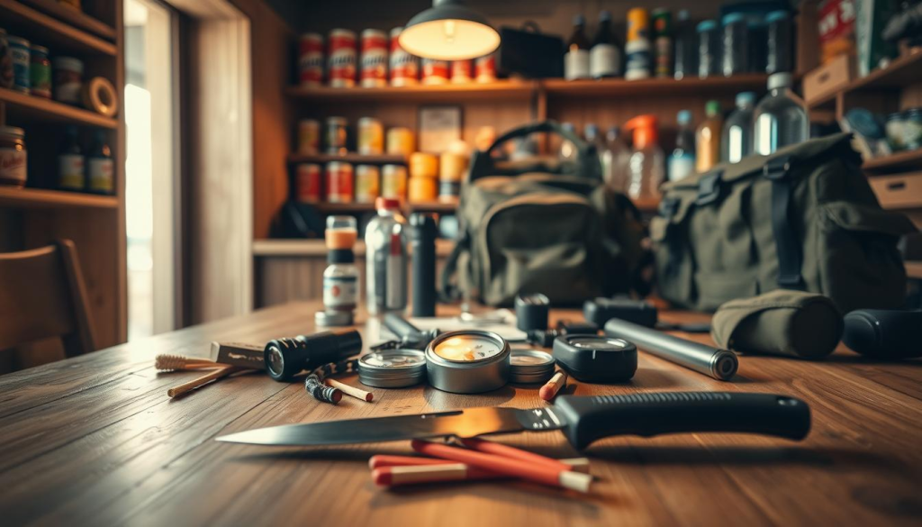 A cozy, well-lit interior with a wooden table showcasing a variety of practical prepping tools and supplies. In the foreground, a sturdy knife, matches, and a first-aid kit are neatly arranged. The middle ground features a compass, a flashlight, and a durable backpack. In the background, shelves hold canned goods, water bottles, and other essential survival items. The lighting is warm and inviting, creating a sense of preparedness and calm. The overall composition conveys the idea of learning essential skills for beginner preppers, emphasizing organization, functionality, and self-reliance.