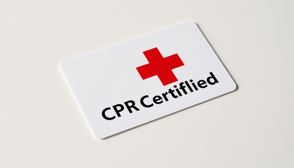 A crisp, clean image of a CPR certification card for healthcare providers, featuring a close-up view of the card's surface. The card is positioned on a neutral, slightly textured background, lit from the side to create gentle shadows and highlights that accentuate the tactile quality of the material. The card's design elements, such as the red cross symbol and the text "CPR Certified," are prominently displayed, conveying a sense of professionalism and expertise. The image has a calming, clinical atmosphere, suitable for illustrating a section on recertification and continuing education for healthcare roles.