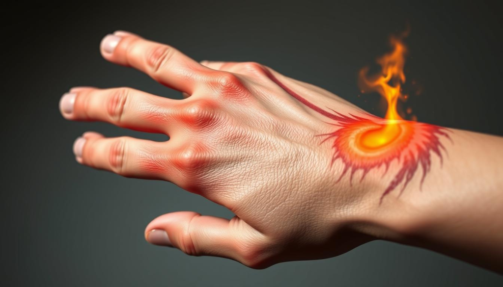 A detailed illustration of burn classifications, showcasing the various stages and severities of burn injuries. The image should depict a detailed close-up view of a hand or arm, with the skin rendered realistically to highlight the visual differences between first, second, and third-degree burns. The lighting should be soft and directional, creating depth and emphasizing the textural details of the skin. The background should be a neutral, muted tone to allow the burn classification details to take center stage. The overall composition should convey a sense of medical authenticity and educational value, suitable for inclusion in a first aid and emergency health article.