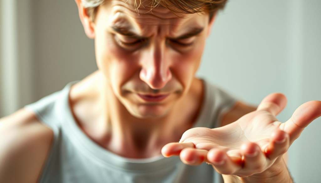 A detailed illustration of recognizing the signs of a stroke. In the foreground, a close-up view of a person's face, with one side drooping, reflecting facial paralysis. The middle ground shows the person's arms, with one arm hanging limply, demonstrating muscle weakness. In the background, an open hand with the fingers spread, capturing the loss of coordination and balance. The scene is lit with soft, natural lighting, creating a serene and informative atmosphere. The overall composition emphasizes the key visual cues for quickly identifying a stroke and the urgency of seeking immediate medical attention.