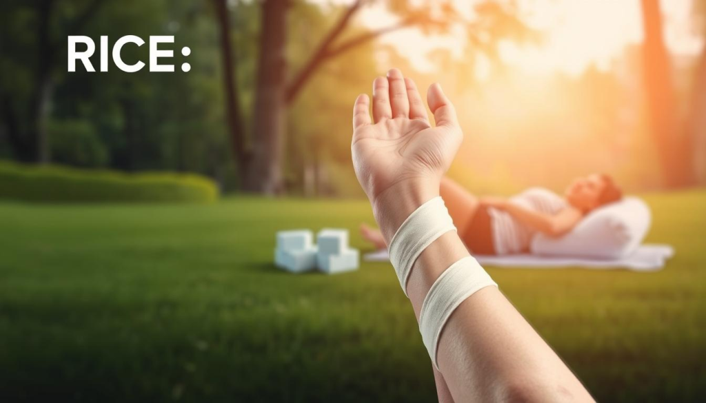 A detailed illustration of the RICE method for treating sprains and strains. In the foreground, a human limb with a wrapped joint, showcasing the compression and elevation steps. In the middle ground, ice packs and a rest position. In the background, a serene natural setting with soft lighting, conveying a sense of relaxation and healing. The image should have a realistic, clinical yet soothing aesthetic, capturing the essential steps of the RICE (Rest, Ice, Compression, Elevation) technique for effectively managing common musculoskeletal injuries.