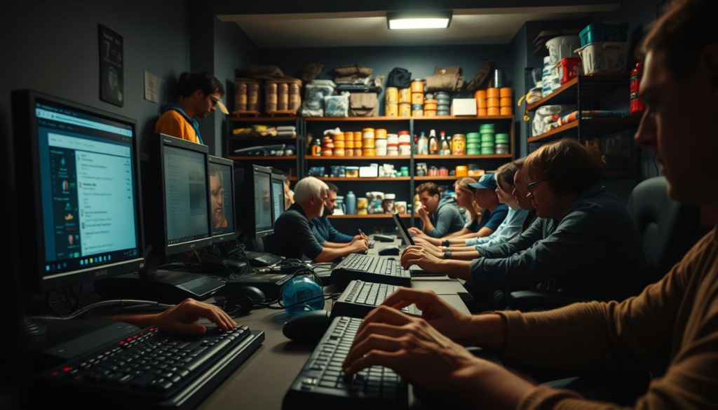 A dimly lit computer room, the glow of monitors illuminating a group of people intently engaged in an online community forum. In the foreground, hands typing furiously on keyboards as they share tips and strategies for affordable prepping. The middle ground reveals a diverse array of individuals - young and old, experienced and novice - collectively navigating the challenges of self-reliance on a budget. In the background, shelves brimming with survival gear and supplies, a testament to the community's dedication. Soft lighting casts a warm, focused atmosphere, conveying the sense of camaraderie and shared purpose among these online preppers.
