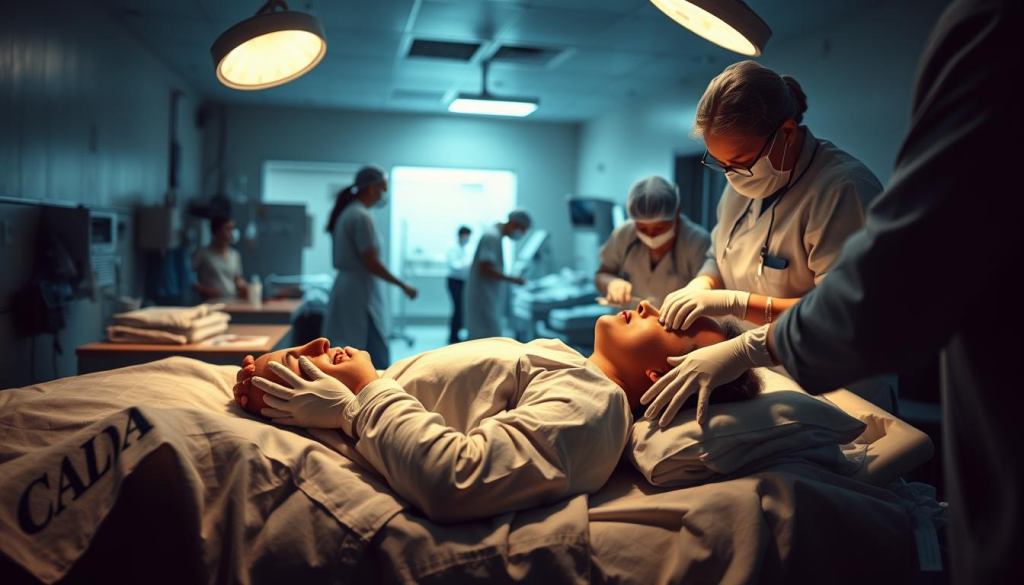 A dimly lit hospital room, the air heavy with the scent of disinfectant. In the foreground, a patient lies on a gurney, their face tense with pain as a team of medical professionals administer urgent care. Gloved hands move with practiced precision, monitoring vital signs and administering treatments. The middle ground showcases the hospital's sterile environment, with medical equipment and supplies neatly organized. In the background, a sense of hushed urgency permeates the scene, as other patients await their turn and nurses hurry to and fro. Soft, warm lighting illuminates the space, creating a sense of solemnity and care. The overall atmosphere conveys the legal and ethical considerations of first aid, where the priority is to preserve life and provide compassionate, professional treatment.