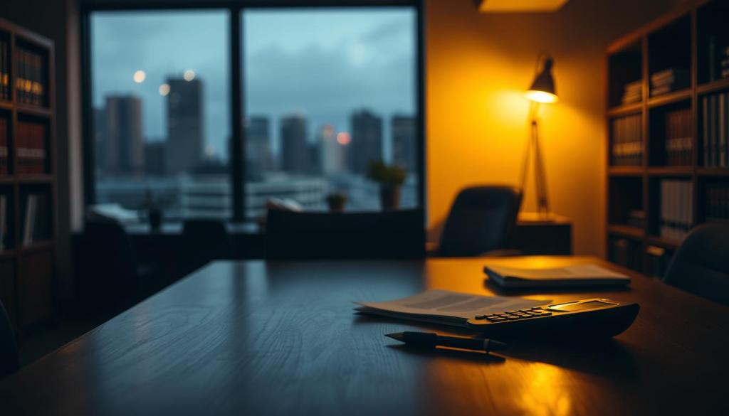 A dimly-lit office setting with a large wooden desk in the foreground. On the desk, a laptop, a stack of papers, and a pen rest alongside a calculator. The background is blurred, but hints at shelves of accounting books and a window overlooking a city skyline. A warm, amber lighting illuminates the scene, creating a sense of contemplation and focus. The mood is one of diligent financial analysis, with the desk serving as the central hub for budget review and adjustment decisions.