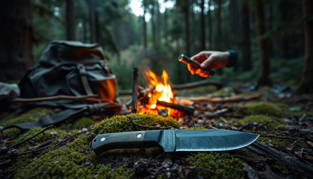 A dimly lit outdoor scene, showcasing the essentials of survival skills. In the foreground, a weathered backpack and a rugged survival knife lie on a mossy forest floor, surrounded by fallen twigs and leaves. In the middle ground, a small campfire crackles, its warm glow illuminating a pair of hands skillfully starting the fire with a flint and steel. In the background, a dense, verdant forest with towering pine trees creates a sense of seclusion and self-reliance. The image conveys a feeling of preparedness, resilience, and the ability to thrive in the wilderness, capturing the spirit of mastering basic survival techniques.
