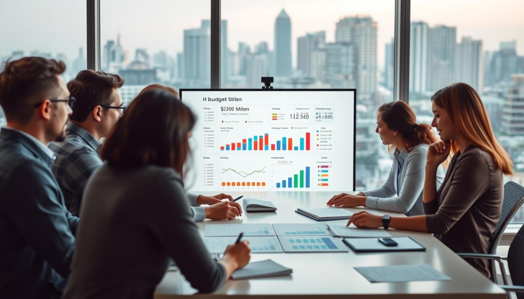 A diverse team of individuals engaged in a collaborative budgeting process, gathered around a conference table in a well-lit, modern office. The foreground features the team members - a mix of professionals from different departments, earnestly discussing financial data and strategies projected on a large screen. The middle ground showcases a sense of open dialogue, with team members exchanging ideas and taking notes. In the background, a large window provides a scenic view of a bustling city skyline, conveying a sense of professionalism and productivity. Subtle yet warm lighting sets an atmosphere of focus and camaraderie, as the team works together to optimize the organization's financial plan.