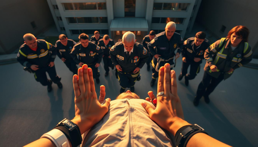 A dramatic aerial view of a medical emergency scene, with a central figure representing the "Chain of Survival" concept. In the foreground, a person performing CPR on a victim, their hands poised in precise, life-saving motions. In the middle ground, a team of paramedics rushing to provide advanced care, their uniforms crisp and their expressions focused. In the background, a hospital looming, its windows reflecting the urgency of the moment. The scene is bathed in a warm, golden light, conveying a sense of hope and the critical importance of timely, coordinated medical intervention. The composition emphasizes the interconnected nature of the chain, with each element playing a vital role in the patient's survival.