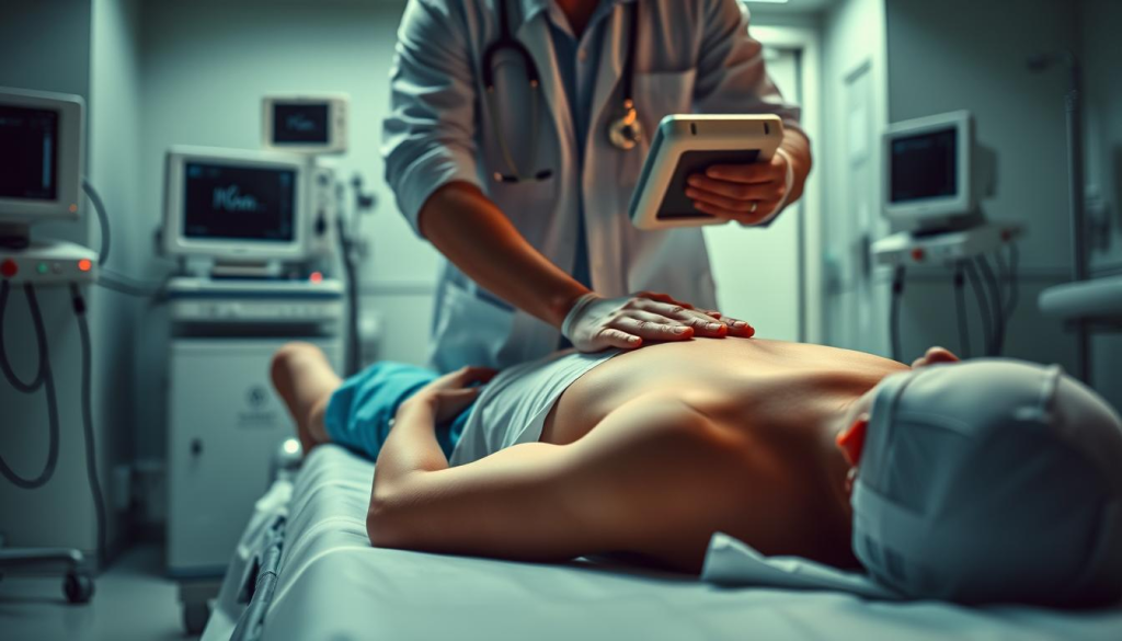 A dramatic scene depicting CPR and AED techniques in a sterile hospital setting. In the foreground, a person performing chest compressions on a patient lying on a gurney, hands expertly positioned. In the middle ground, a doctor with a defibrillator unit, poised to deliver a life-saving shock. The background shows medical equipment, monitors, and a sense of urgency conveyed through crisp lighting and a muted color palette. The composition emphasizes the critical importance of these life-saving procedures, with a sense of focus, precision, and determination.