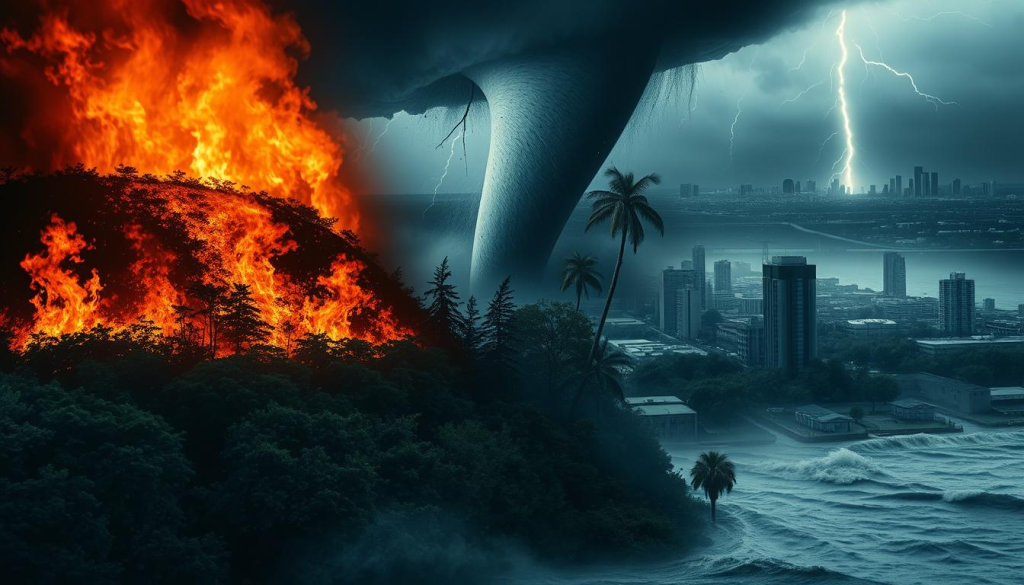 A dramatic scene of environmental emergencies unfolding in a realistic, cinematic style. In the foreground, a raging wildfire consumes a forest, the flames casting an ominous glow. In the middle ground, a powerful tornado tears through a suburban neighborhood, debris and trees whirling through the air. In the background, a flooded coastal city, skyscrapers partially submerged as rising waters engulf the landscape. The sky is dark and stormy, lightning flashing ominously. The overall mood is one of chaos, danger, and the urgent need for crisis response. Realistic, detailed, and technically proficient, capturing the scale and intensity of these environmental emergencies.