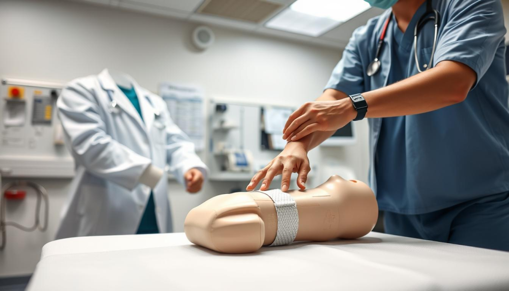 A healthcare professional in a well-lit medical training room, wearing scrubs and a white coat, demonstrating first aid techniques on a patient mannequin. The foreground shows the healthcare worker's hands skillfully applying bandages and administering emergency care. The middle ground features the patient mannequin, positioned on a medical examination table, while the background showcases medical equipment, charts, and training materials. The atmosphere conveys a sense of professionalism, focus, and the importance of proper first aid knowledge for patient care.