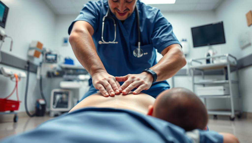 A healthcare professional performing cardiopulmonary resuscitation (CPR) on a patient, in a well-lit hospital room. The scene is captured from an angle that showcases the proper hand positioning, chest compressions, and rescue breaths. The provider's face is visible, conveying focus and determination. The background is clean, with medical equipment and supplies visible, creating a sense of a sterile, professional environment. The lighting is bright and directional, highlighting the critical details of the CPR technique. The overall mood is one of urgency and lifesaving action, reflecting the importance of effective CPR for healthcare providers.
