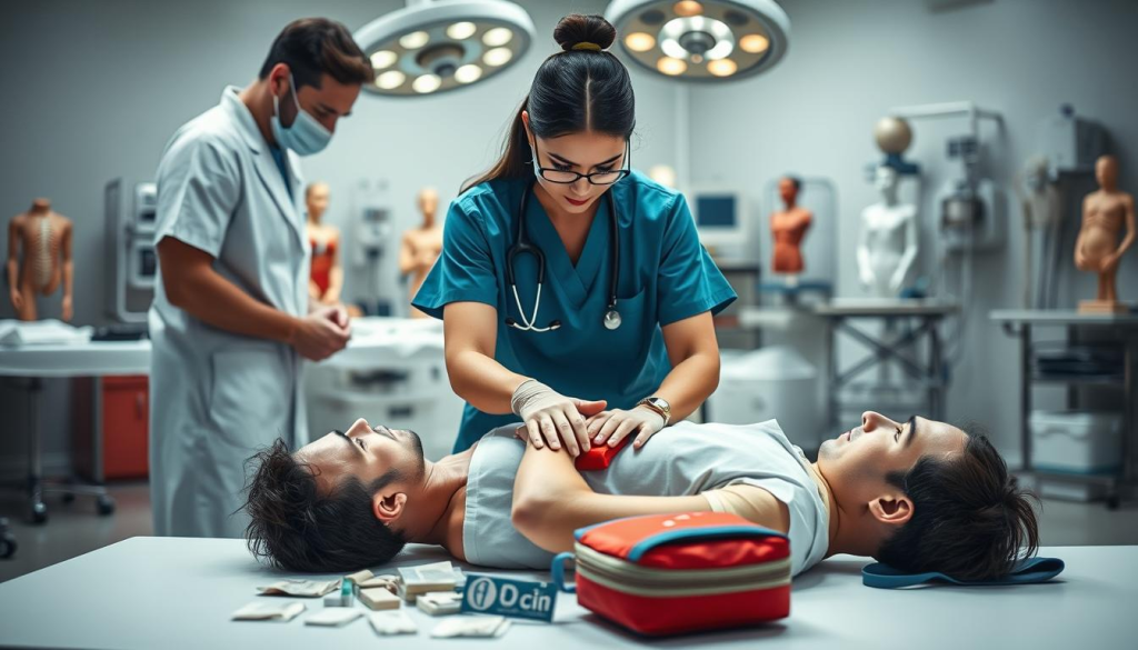 A healthcare provider attentively demonstrates first aid techniques on a patient during a training session. The scene is set in a well-equipped medical facility, with surgical equipment and anatomical models visible in the background. Soft, natural lighting illuminates the focused expressions of the participants as they practice lifesaving skills. The middle ground features a table with first aid kits, bandages, and other essential supplies, suggesting the practical, hands-on nature of the training. The overall atmosphere conveys a sense of professionalism, dedication, and the importance of mastering transitional skills for advanced patient care.