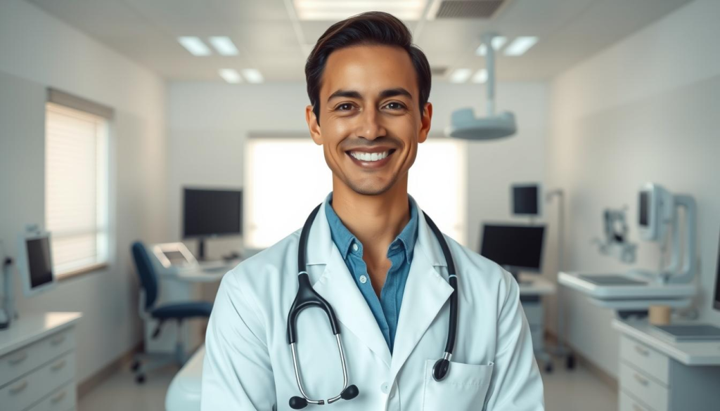 A healthcare provider standing in a well-lit, modern medical office, wearing a crisp white coat and stethoscope. Their face is warm and compassionate, conveying a sense of professionalism and expertise. The room is filled with state-of-the-art medical equipment, including an examination table and various diagnostic tools. The lighting is soft and diffused, creating a calming atmosphere. The provider is positioned in the foreground, while the background features clean, minimalist decor that reinforces the clinical yet welcoming ambiance of a comprehensive healthcare setting.