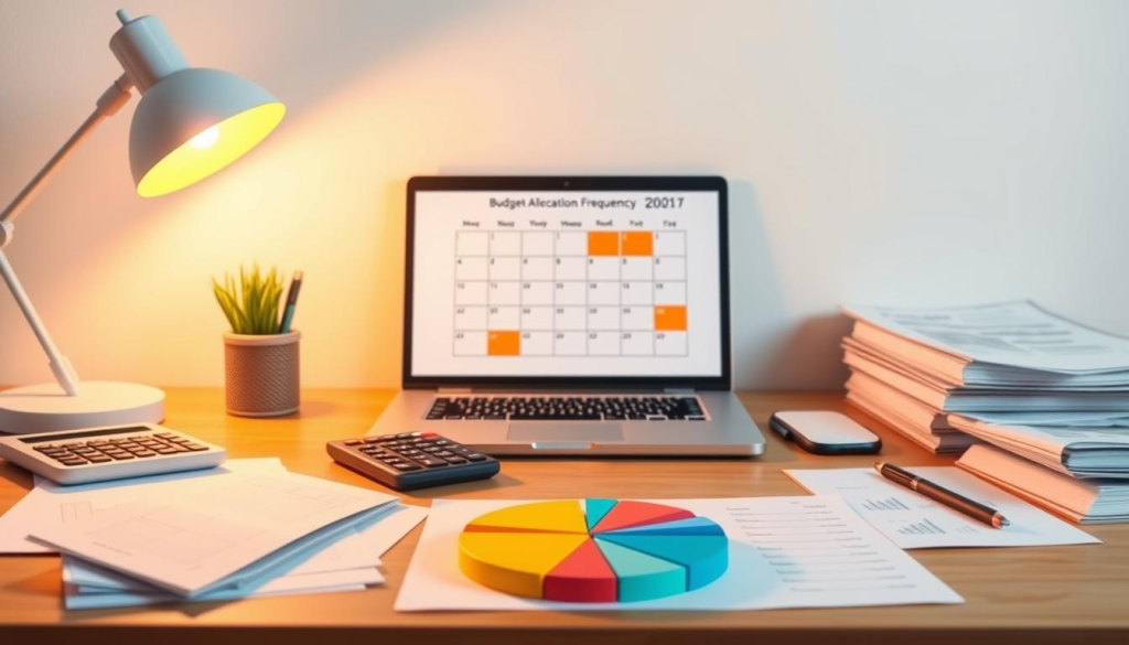 A meticulously crafted illustration of "budget allocation frequency", showcasing a well-organized desk setup with a laptop, calculator, and various financial documents. The scene is bathed in warm, soft lighting, creating a contemplative atmosphere. In the foreground, a pie chart visually depicts the proportions of different budget categories, while in the middle ground, a calendar with highlighted dates suggests the periodic review of the budget. The background features a minimalist wall design, emphasizing the importance of a structured and methodical approach to budgeting. The overall composition conveys a sense of efficiency, control, and attention to detail - all crucial elements in avoiding common budgeting mistakes.