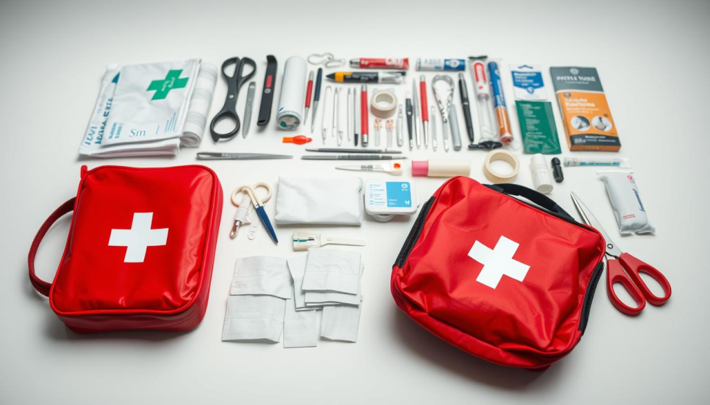 A meticulously organized array of essential first aid supplies laid out on a clean, white surface. In the foreground, a bright red first aid kit, its contents neatly displayed - bandages, gauze, antiseptic wipes, scissors, and thermometer. In the middle ground, a collection of medical tools and accessories - tweezers, safety pins, medical tape, and pain relievers. The background is softly lit, creating a sense of clinical precision and care. The overall composition conveys a sense of preparedness, practicality, and attention to detail, perfectly suited to illustrate the "Essential First Aid Supplies" section of the article.