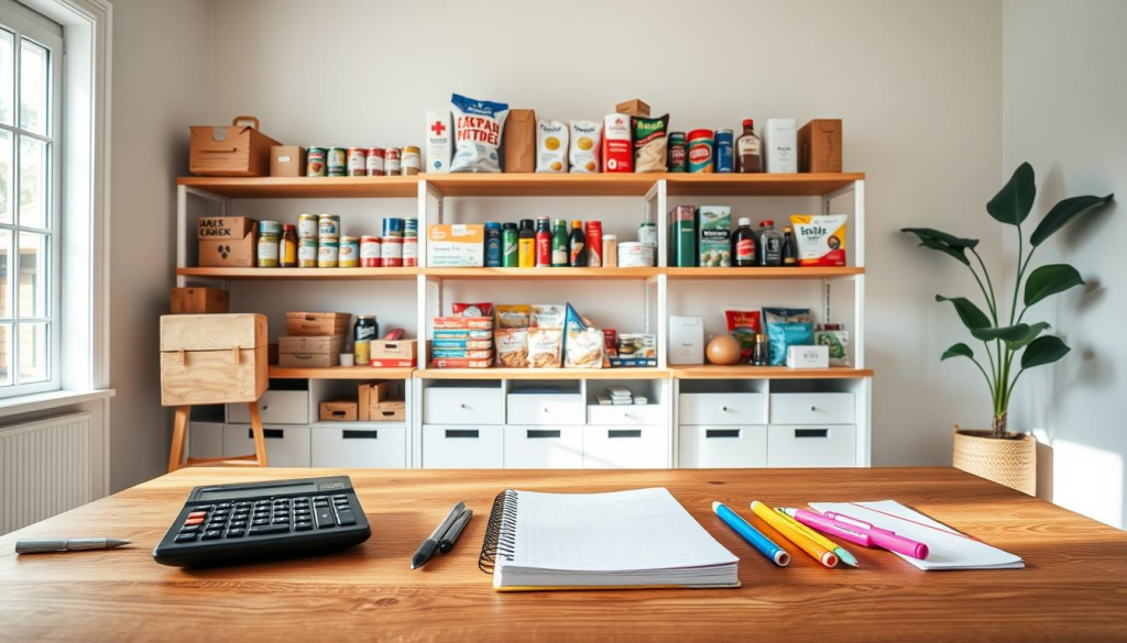 A minimalist home interior with clean lines, natural lighting, and a sense of organization. In the foreground, a wooden table displays an array of budgeting tools - a calculator, a notebook, and various office supplies. The middle ground features shelves stocked with preparedness items like canned goods, first-aid kits, and emergency supplies, all neatly arranged. The background depicts a neutral-toned wall, complementing the overall aesthetic. The scene conveys a sense of simplicity, efficiency, and a thoughtful approach to prepping on a budget.
