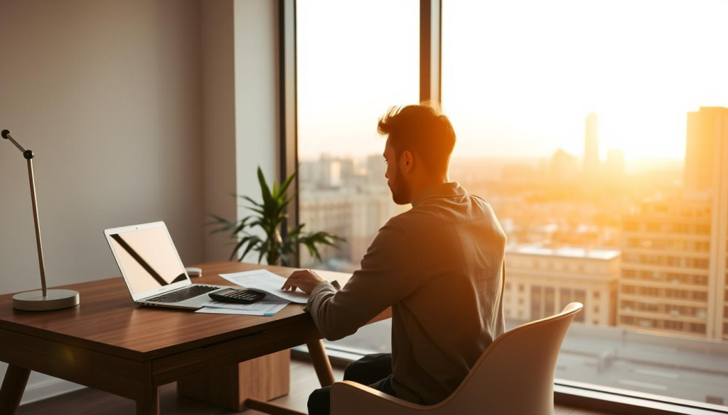 A modern home office space with a minimalist design, featuring a wooden desk, a sleek laptop, and a stylish lamp. In the foreground, a person sits at the desk, studying financial documents and a calculator, their face thoughtful and focused. The background showcases a large window overlooking a city skyline, with a warm, golden glow from the setting sun illuminating the scene. The overall atmosphere is one of calm, productivity, and a sense of purpose in setting financial goals.