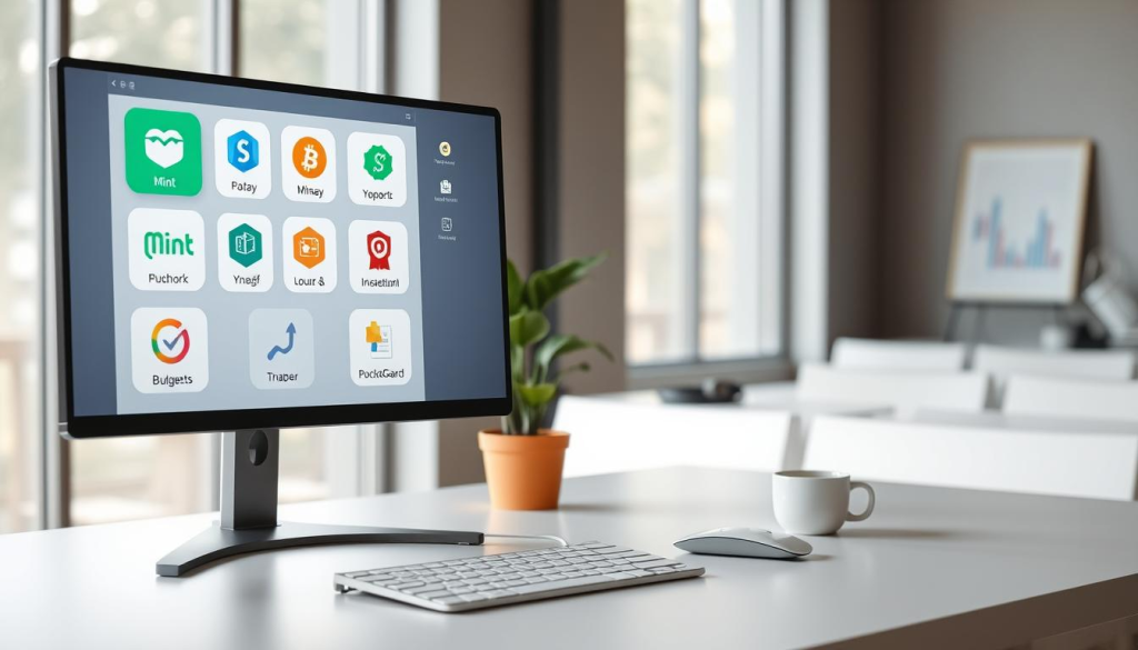 A modern, minimalist desktop scene featuring a variety of budgeting apps displayed on sleek, high-resolution monitors. The foreground showcases several popular budgeting software icons, such as Mint, YNAB, and PocketGuard, with clean, intuitive interfaces. The middle ground includes a subtle, elegant keyboard and mouse setup, while the background features a minimalist workspace with a potted plant, a cup of coffee, and soft, natural lighting filtering through large windows. The overall mood is one of organized productivity and financial control, with a sense of calm and focus.