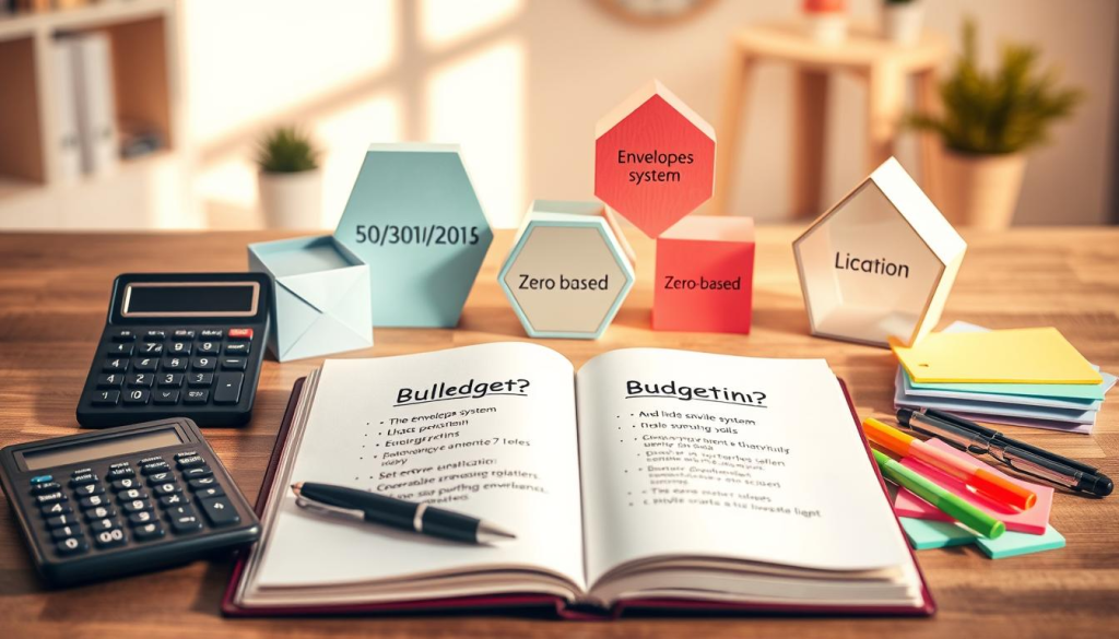 A neatly arranged composition showcasing various budgeting methods. In the foreground, an open notebook with different budgeting strategies outlined, surrounded by office supplies like calculator, pen, and colorful sticky notes. In the middle ground, three-dimensional geometric shapes representing distinct budgeting approaches, such as the envelope system, 50/30/20 rule, and zero-based budgeting. The background features a soft, blurred office setting with minimalist decor, creating a calm and organized atmosphere. Warm, directional lighting casts subtle shadows, emphasizing the different elements and their relationship. The overall scene conveys a sense of organization, efficiency, and the ability to compare and contrast budgeting techniques.