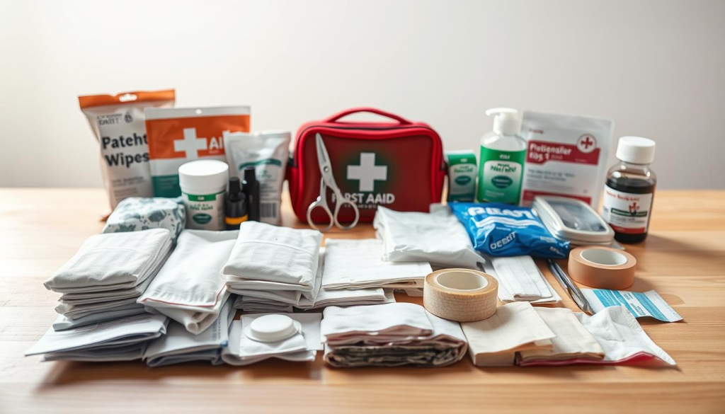 A neatly arranged set of essential first aid supplies on a clean, well-lit wooden surface. In the foreground, various bandages, gauze, antiseptic wipes, and medical tape are meticulously displayed. In the middle ground, a thermometer, scissors, and tweezers are placed alongside a small first aid kit. In the background, a medical cross symbol is subtly visible, conveying a sense of preparedness and organization. The lighting is soft and even, creating a calming, clinical atmosphere. The overall composition emphasizes the importance of having a comprehensive first aid kit readily available at home.