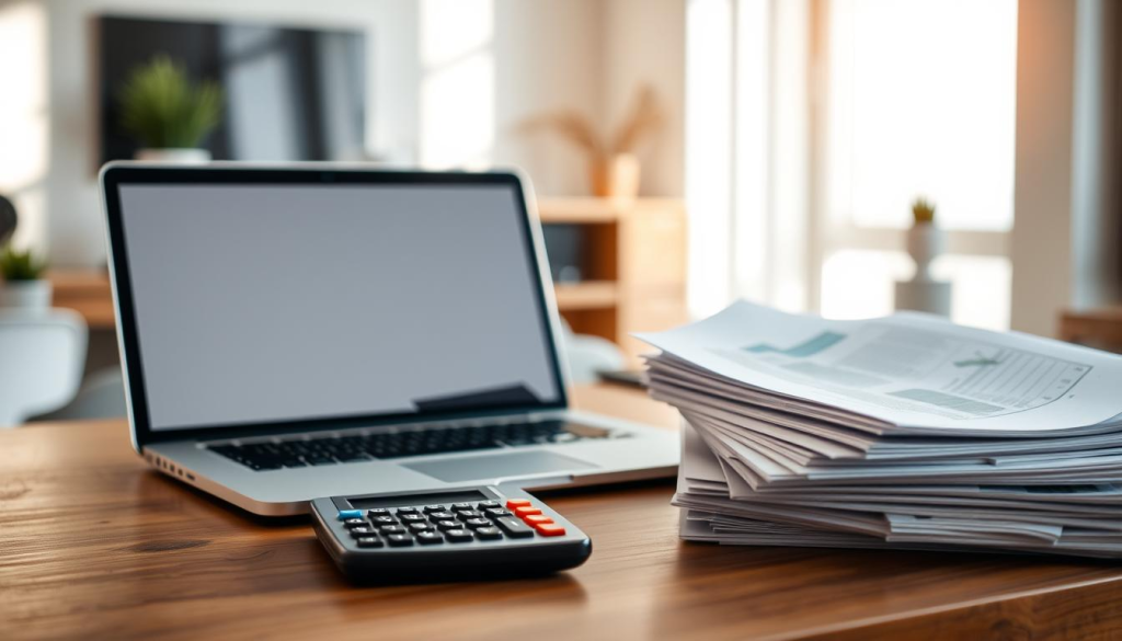 A neatly organized desk with a laptop, calculator, and a stack of financial documents. Warm, natural lighting illuminates the scene, casting soft shadows that create depth and texture. The background is a clean, minimalist office space, with subtle hints of modern decor that convey a sense of professionalism and productivity. The overall atmosphere is one of focused, thoughtful budgeting, with a calming and efficient energy.