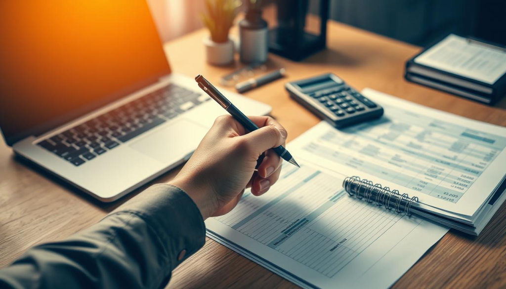 A neatly organized desk with a laptop, calculator, and stack of financial documents. A hand holding a pen hovers over a ledger, contemplating adjustments. Warm, focused lighting illuminates the scene, creating a pensive, contemplative mood. The background is blurred, allowing the budgeting tools to take center stage. An expression of careful consideration and problem-solving is evident. Utilitarian, minimalist design elements convey efficiency and practicality. This image should visually represent the process of thoughtfully adjusting a personal or household budget.