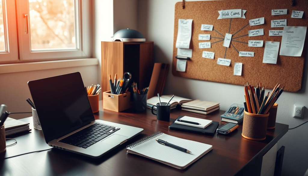 A neatly organized desk with a laptop, notepad, and an array of office supplies meticulously arranged. Warm, natural lighting filters through a nearby window, casting a soft glow over the scene. A corkboard on the wall displays a mind map, highlighting key aspects of the user's current situation, resources, and potential needs. The overall atmosphere conveys a sense of focused assessment and strategic planning, ready to tackle the challenges of prepping on a shoestring budget.