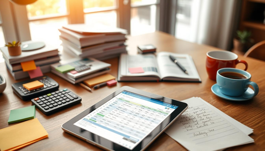 A neatly organized desk with various budgeting tools and accessories laid out meticulously. In the foreground, a modern digital tablet displays a detailed budget tracking spreadsheet, its interface clean and intuitive. Surrounding it, an assortment of colorful sticky notes, a sleek calculator, and a well-worn journal with handwritten budget entries. The middle ground features a stack of organized financial documents and a cup of freshly brewed coffee, conveying a sense of focused productivity. The background is softly blurred, suggesting a serene, distraction-free home office environment with warm, natural lighting streaming in through large windows.