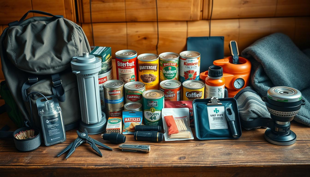 A neatly organized display of essential prepping supplies on a wooden table, bathed in warm, natural lighting. In the foreground, a sturdy backpack, a water filter, and a compact multi-tool. In the middle, canned foods, matches, a flashlight, and a first-aid kit. In the background, a compass, a blanket, and a small portable stove. The overall atmosphere conveys a sense of preparedness and self-reliance, without feeling cluttered or overwhelming.