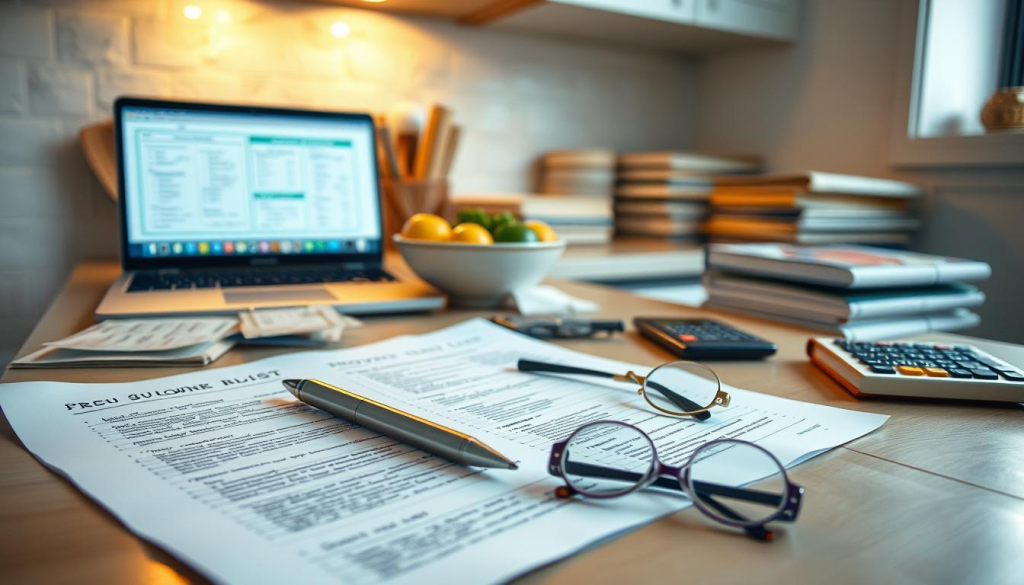 A neatly organized kitchen counter, dimly lit with warm, golden hues, showcases a collage of handwritten recipe cards, a laptop displaying budgeting software, and a stack of dog-eared cookbooks. In the foreground, a sleek, silver pen hovers over a meticulously filled-out grocery list, while a pair of reading glasses rests nearby, hinting at the focus and attention dedicated to this budget-friendly meal planning session. The middle ground features a bowl of fresh produce, complemented by a small pile of coupons and a calculator, all set against a backdrop of clean, white walls and a minimalist, modern aesthetic.