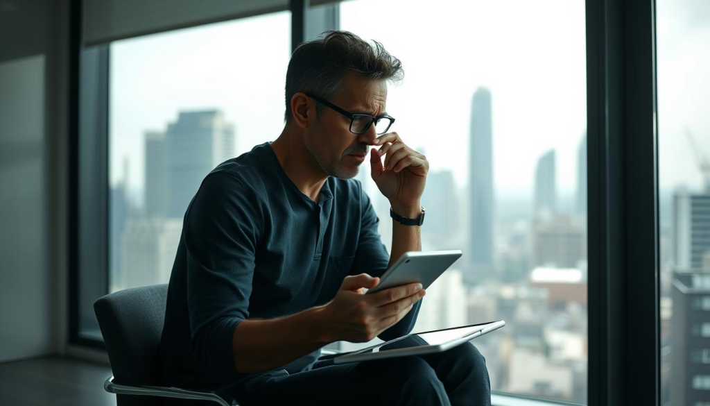 A person sitting in a contemplative pose, their face etched with concern, as they navigate the complexities of crisis management. The scene is framed by a minimalist office setting, with a large window overlooking a bustling city skyline, casting a soft, natural light that illuminates the intricate emotional landscape. The subject's posture conveys a sense of resilience and determination, their gaze fixed on a tablet in their hands, as they carefully consider the next steps. The atmosphere is one of quiet focus, underscored by a muted color palette and subtle details that evoke the weight of responsibility and the need for compassionate, effective decision-making.