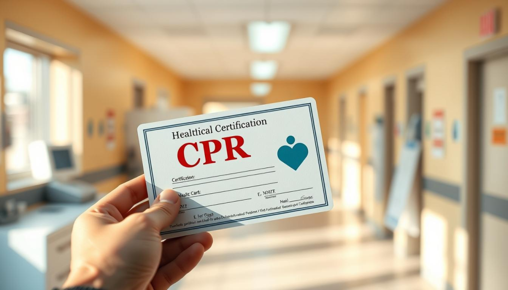 A realistic and detailed image of a CPR certification card with a clean, professional design. The card is held by a human hand in the foreground, casting soft shadows. The middle ground features a blurred medical environment, such as a hospital or clinic, hinting at the context of healthcare. The background is slightly out of focus, creating depth and emphasizing the certification card as the focal point. The lighting is natural and warm, creating a sense of authority and expertise. The card's texture and materials are rendered with high fidelity, conveying the importance and legitimacy of the certification.