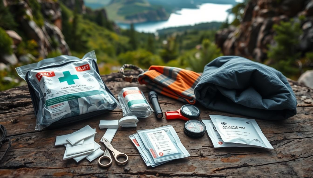 A rugged, wooden surface laid out with the essential items for first aid in remote or outdoor settings. In the foreground, a well-stocked medical kit with bandages, antiseptic wipes, gauze pads, and a small pair of scissors. In the middle ground, a thermal blanket, a small flashlight, and a compass neatly arranged. The background features a wilderness scene with lush greenery, rocky outcroppings, and a glimpse of a serene lake or river. The lighting is soft and diffuse, casting a natural, calming glow over the scene. The overall mood is one of preparedness and self-sufficiency, ready to tackle any medical emergencies that may arise in the great outdoors.