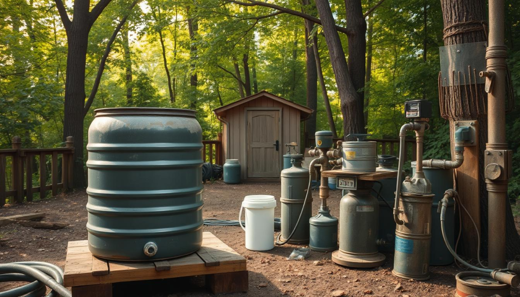 A rustic, weathered water storage setup in a secluded, wooded backyard. In the foreground, a large repurposed rain barrel stands on a sturdy wooden platform, its surface reflecting the natural light. Surrounding it are various water filtration and treatment accessories, such as hoses, spigots, and a compact tabletop filter unit. In the middle ground, a small shed or outbuilding provides shelter and additional storage space. The background is filled with lush, verdant foliage, creating a serene, off-the-grid atmosphere. Warm, diffused lighting filters through the trees, casting soft shadows and highlighting the textures of the weathered wood and metal components. The overall scene conveys a sense of self-reliance, sustainability, and a practical, budget-conscious approach to water security.