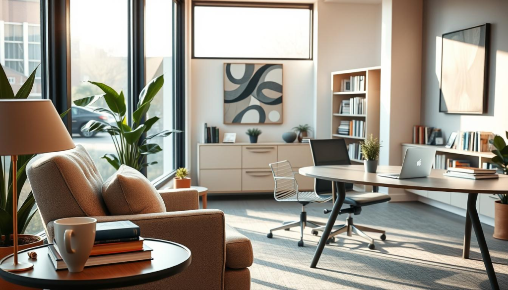 A serene and calming office space, bathed in warm natural light filtering through large windows. In the foreground, a comfortable armchair and side table, with a stack of self-help books and a mug of herbal tea, creating an inviting atmosphere. In the middle ground, a modern, minimalist desk with a laptop, notepad, and a small potted plant, symbolizing mindfulness and mental well-being. The background features soothing, abstract wall art and a bookshelf filled with resources on mental health and resilience. The overall scene conveys a sense of tranquility, support, and a safe haven for first responders to find respite and engage in self-care practices.