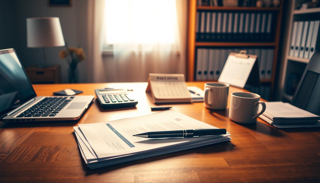 A serene home office setting with a wooden desk, a laptop, a calculator, and neatly arranged stationery. The desktop is illuminated by warm, diffused lighting, casting a cozy glow over the scene. In the foreground, a stack of documents and a pen lay ready for budget preparation. The middle ground features a calendar and a mug of coffee, signifying the organized and methodical approach to financial planning. In the background, shelves lined with binders and folders suggest a well-structured record-keeping system. The overall atmosphere is one of productivity, focus, and careful attention to detail.