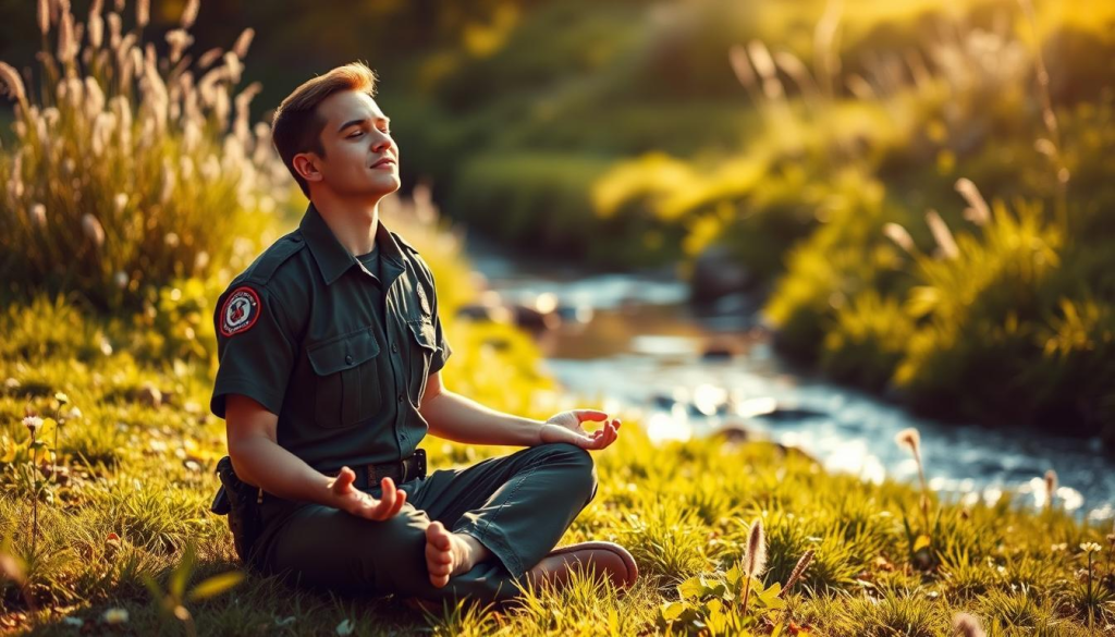 A serene, sun-dappled meadow, with a first responder sitting cross-legged, eyes closed in deep meditation. Their uniform neatly folded beside them, they radiate an aura of calm and focus. In the background, a small stream gently flows, its soothing sounds complementing the tranquil atmosphere. Soft, diffused lighting casts a warm glow, emphasizing the responder's peaceful expression. The overall scene conveys the integration of mindfulness practices into the daily routines of those who dedicate their lives to serving and protecting others.