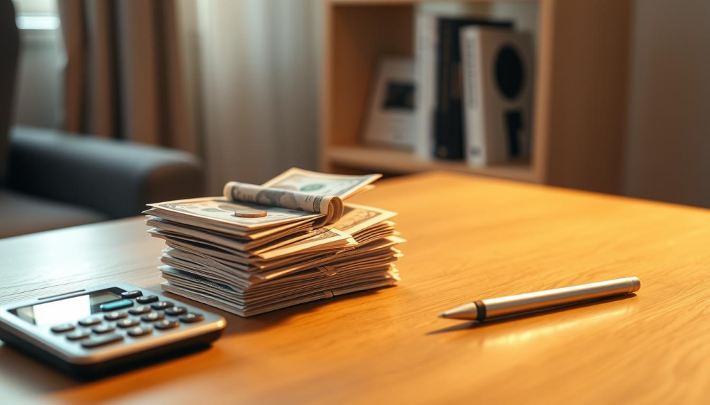A stack of neatly organized bills and coins rests atop a wooden table, with a digital calculator and pen nearby. Warm, diffused lighting from a nearby window casts a soft glow, creating a sense of focus and intentionality. In the background, a minimalist bookshelf holds a few personal finance books, hinting at the owner's dedication to responsible money management. The scene conveys a sense of security, preparedness, and the importance of building a financial safety net for unexpected emergencies.