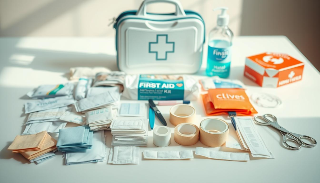 A still-life arrangement of essential first aid supplies laid out on a clean, white tabletop, with soft, natural lighting illuminating the scene. In the foreground, various bandages, gauze pads, antiseptic wipes, and medical tape are neatly organized. In the middle ground, a thermometer, scissors, and tweezers are carefully positioned. The background features a first aid kit, a box of disposable gloves, and a bottle of hand sanitizer, creating a sense of completeness and preparedness. The overall mood is one of efficiency, cleanliness, and attention to detail, conveying the importance of having these critical items readily available for any emergency situation.
