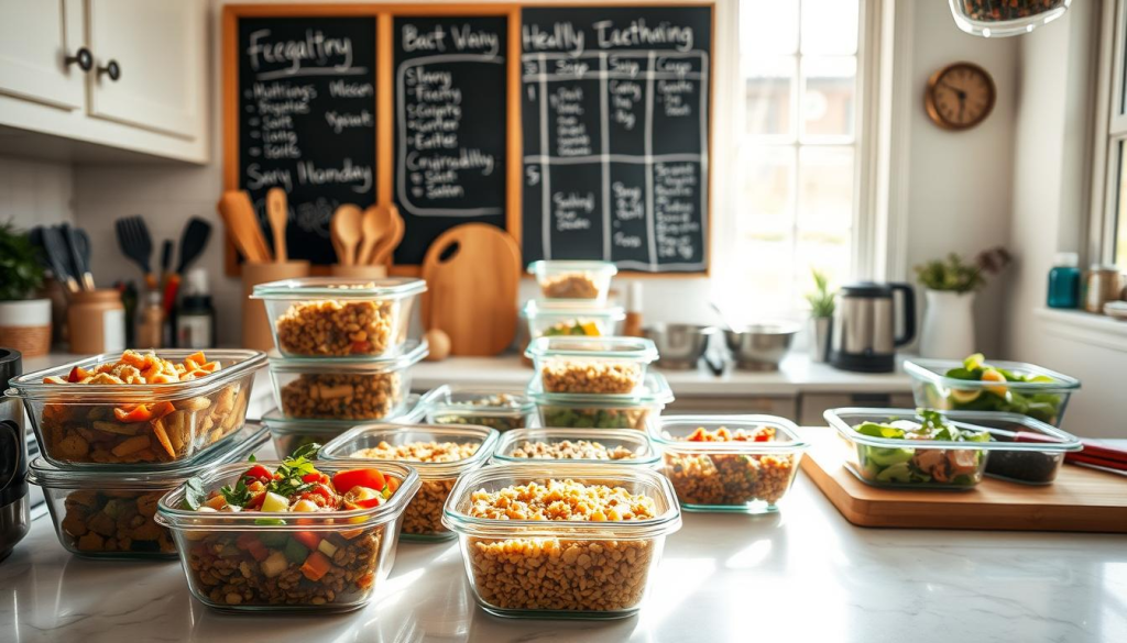 A sun-drenched kitchen counter, cluttered with glass containers filled with neatly portioned servings of various healthy dishes - vegetable stir-fry, hearty lentil soup, and a vibrant quinoa salad. The countertop is adorned with cooking utensils, spices, and a cutting board, conveying a sense of efficiency and organization. Soft natural light filters through the window, casting a warm glow over the scene. In the background, a chalkboard wall displays a weekly meal plan, highlighting the cost-saving benefits of batch cooking. The overall atmosphere is one of calm, practical, and budget-conscious meal preparation.