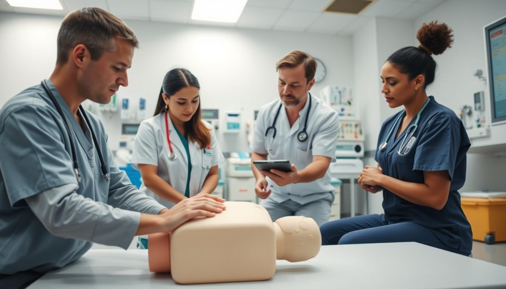 A team of healthcare professionals engages in hands-on CPR training in a brightly lit medical facility. The foreground features two trainees intently practicing chest compressions on a CPR mannequin, their faces displaying concentration and determination. The middle ground shows a certified instructor carefully guiding and observing the trainees, providing real-time feedback. The background depicts a well-equipped medical setting with various medical equipment and supplies, conveying a sense of professionalism and preparedness. Soft, even lighting illuminates the scene, creating a calm and educational atmosphere suitable for effective CPR training.