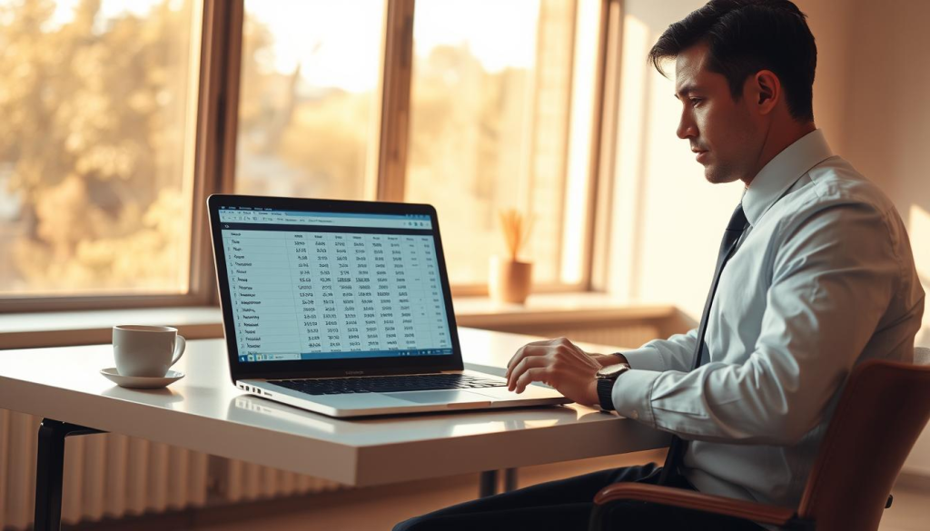 A tranquil office setting, bathed in warm, natural light filtering through large windows. On a clean, minimalist desk, a laptop displays a spreadsheet with various budget line items. Nearby, a businessman in a crisp shirt and tie thoughtfully reviews the numbers, a cup of coffee at the ready. The atmosphere is one of focus and diligence, reflecting the careful, quarterly process of budget forecasting. The overall mood is one of professionalism and efficiency, perfectly suited to illustrate the "Quarterly Budget Reviews" section of the article.