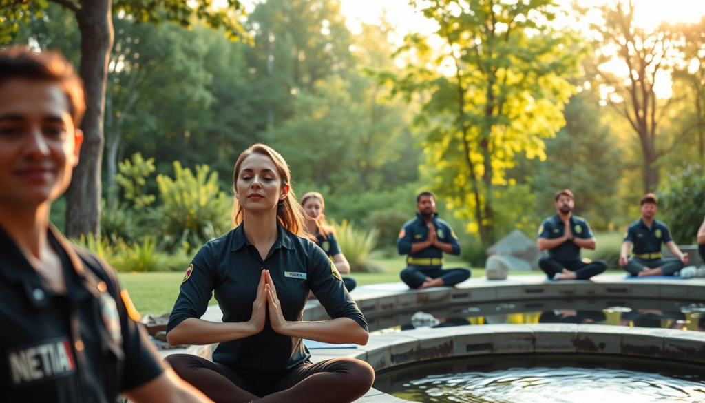 A tranquil outdoor scene showcasing holistic wellness practices for emergency personnel. In the foreground, a group of paramedics and firefighters engage in gentle yoga and meditation, their faces serene and focused. The middle ground features a calming water feature, with its soothing sounds and reflective surface. In the background, a lush green forest provides a natural, restorative backdrop, bathed in warm, golden sunlight filtering through the canopy. The overall atmosphere is one of peace, balance, and rejuvenation, encouraging the first responders to reconnect with their physical and mental well-being.