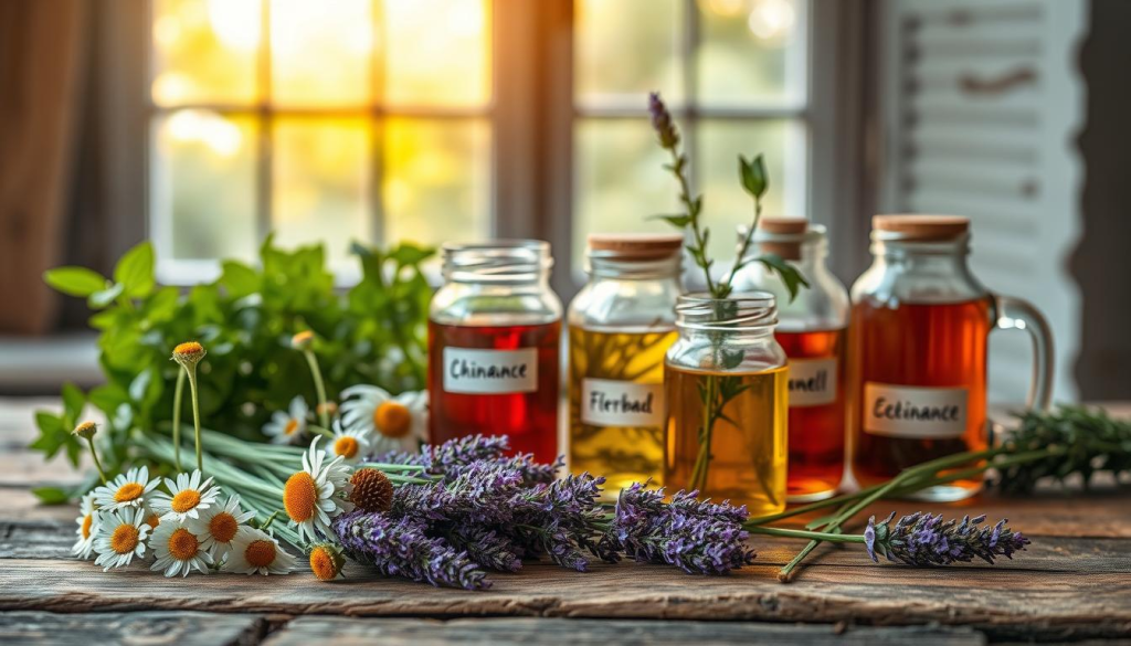 A vibrant still life featuring an array of herbal remedies for natural first aid. In the foreground, an assortment of fresh medicinal plants - chamomile, echinacea, and lavender - arranged atop a rustic wooden table. Mid-ground, glass jars filled with herbal tinctures and teas, their labels hand-written. In the background, a window floods the scene with warm, golden light, casting a soft glow over the natural remedies. The composition exudes a sense of tranquility and wellness, inviting the viewer to explore the healing power of these essential herbs.