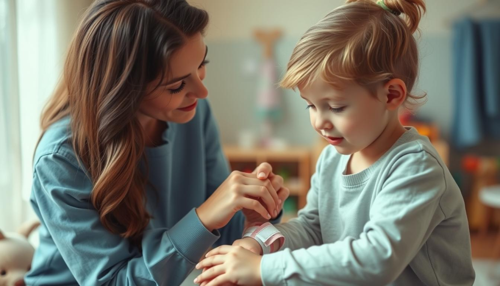 A warm, caring scene of first aid for children, showcasing a nurse or caregiver tending to a young child with a minor injury. The child sits patiently while the caregiver gently applies a bandage, their expressions conveying a sense of comfort and trust. Soft, natural lighting illuminates the scene, creating a soothing and reassuring atmosphere. The background features a cozy, child-friendly environment, perhaps with toys or medical supplies in the periphery, suggesting a safe and nurturing setting. The composition emphasizes the connection between the caregiver and child, highlighting the importance of attentive and compassionate first aid for young patients.