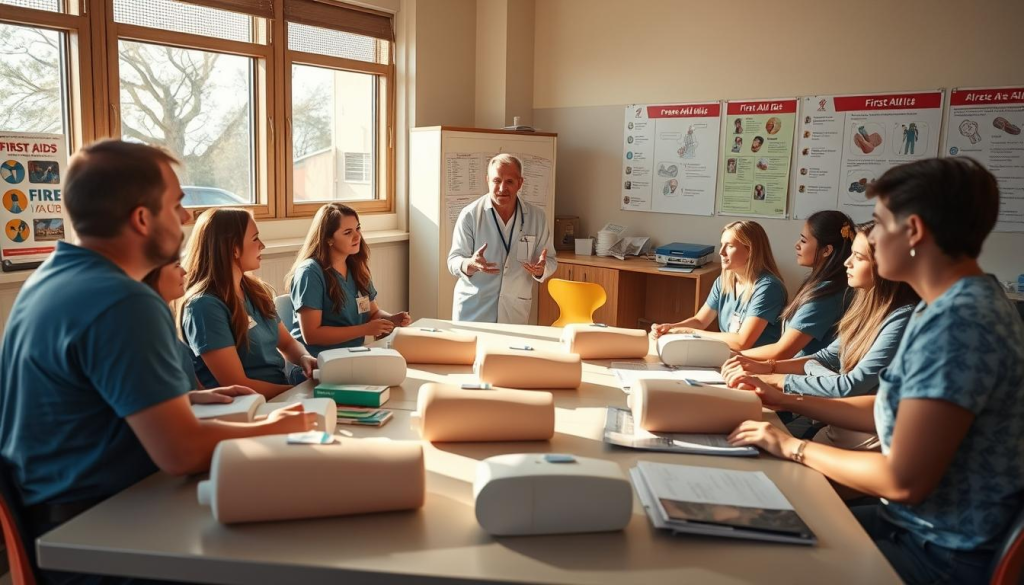 A warm, well-lit classroom with a group of attentive trainees gathered around a table, studying first aid materials and practicing techniques on lifelike medical mannequins. Sunlight streams through large windows, casting a soft glow across the scene. The instructor, dressed in professional medical attire, gestures animatedly, demonstrating proper bandaging and CPR procedures. Posters on the walls showcase various emergency scenarios and first aid steps. The atmosphere is one of focused learning and preparation, with a sense of care and concern for the well-being of others.
