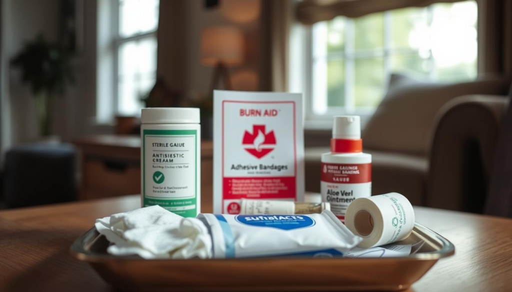 A well-equipped burn care station in a home setting. In the foreground, a tray holds essential supplies: sterile gauze, antiseptic cream, aloe vera gel, and burn ointment. In the middle ground, a first aid manual and a roll of adhesive bandages are neatly arranged. The background depicts a calm, soothing environment, with a window allowing soft, natural lighting to filter in, creating a sense of tranquility. The overall scene conveys a sense of preparedness and care, reflecting the importance of being ready to handle burn-related emergencies in a home environment.