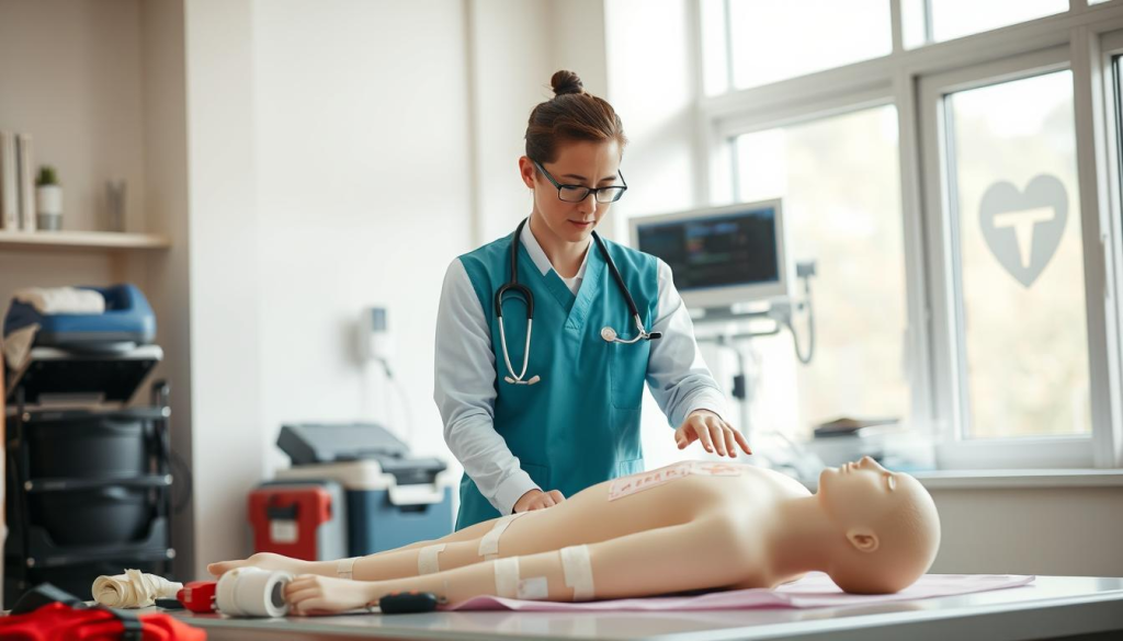 A well-equipped healthcare provider in a bright, airy medical training room, demonstrating first aid techniques on a life-sized mannequin. The provider wears professional attire and is surrounded by a variety of medical equipment, including bandages, splints, and CPR masks. Soft, natural lighting filters in from large windows, creating a calm, educational atmosphere. The scene conveys the importance of hands-on training for essential lifesaving skills, with a focus on the provider's engaged, instructive demeanor.