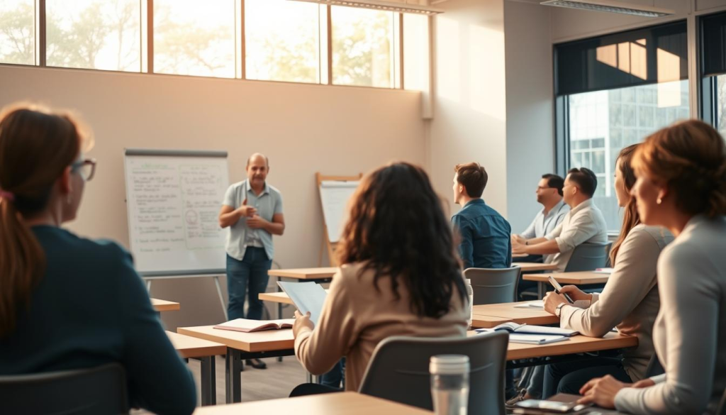A well-lit classroom setting with a diverse group of adults engaged in a mental health first aid training session. In the foreground, a facilitator gesturing animatedly while presenting information on a whiteboard. Around the room, trainees attentively taking notes and participating in discussions. Warm, natural lighting filters in through large windows, creating a calm and inviting atmosphere. The arrangement of desks and chairs suggests an interactive, collaborative learning environment. Overall, the scene conveys a sense of empowerment, education, and a commitment to enhancing mental health awareness and response skills.